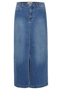 Jeans midi kjol med en frontslits, en klassisk blå tvätt och traditionell fem-ficks design med midjeband och knappstängning.