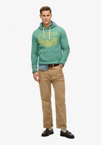Sudadera verde con cordón, con un diseño gráfico inspirado en la naturaleza en color amarillo. Combinada con pantalones caqui y mocasines negros. Ajuste casual.