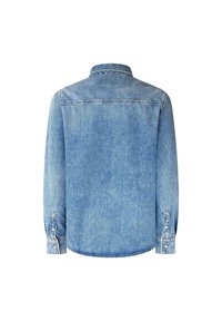 Denim srajca, svetlo modra, dolgi rokavi, manšete na gumb, klasičen ovratnik, zadnji pogled, ravno rob, subtilna tekstura, brez vidnih vzorcev ali dodatkov.