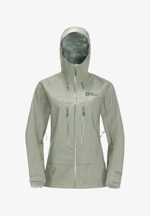 Hellgraue wasserdichte Jacke mit Kapuze, ausgestattet mit zwei vorderen Reißverschlusstaschen, einem Logo und strukturierten Ärmeln. Hergestellt aus atmungsaktivem Material.