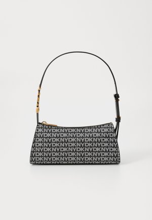 DKNY shoulder bag with a black and white logo pattern. Rectangular shape, smooth texture, and gold-tone hardware accents. Adjustable strap.