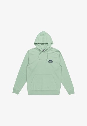 Mintgrüner Kapuzenpullover mit Kängurutasche, Logo auf der Brust und gerippten Bündchen. Hergestellt aus weichem Baumwollmaterial.