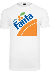 Hvid bomulds t-shirt med et blåt "Fanta" logo med orange detaljer og et grafik af en appelsinskive, placeret centralt på fronten.