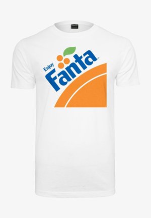 T-shirt en coton blanc avec un logo "Fanta" bleu et des accents orange, accompagné d'un graphique d'une tranche d'orange, positionné au centre sur le devant.