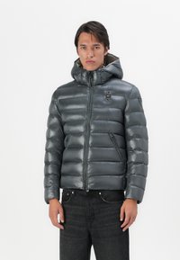 Gray puffer jacket with a glossy finish, hood, and zip closure. Features quilted segments and side pockets. Black jeans complement the look.