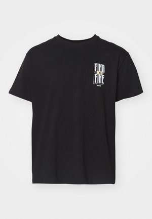 Black cotton t-shirt with short sleeves, crew neck, and a white graphic text “FIND” and “FINE” on the left chest area.