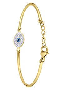 Gouden armband met een ovale hanger met blauwe en heldere stenen. Gladde, glanzende afwerking met een sluiting en schakelverstelling.