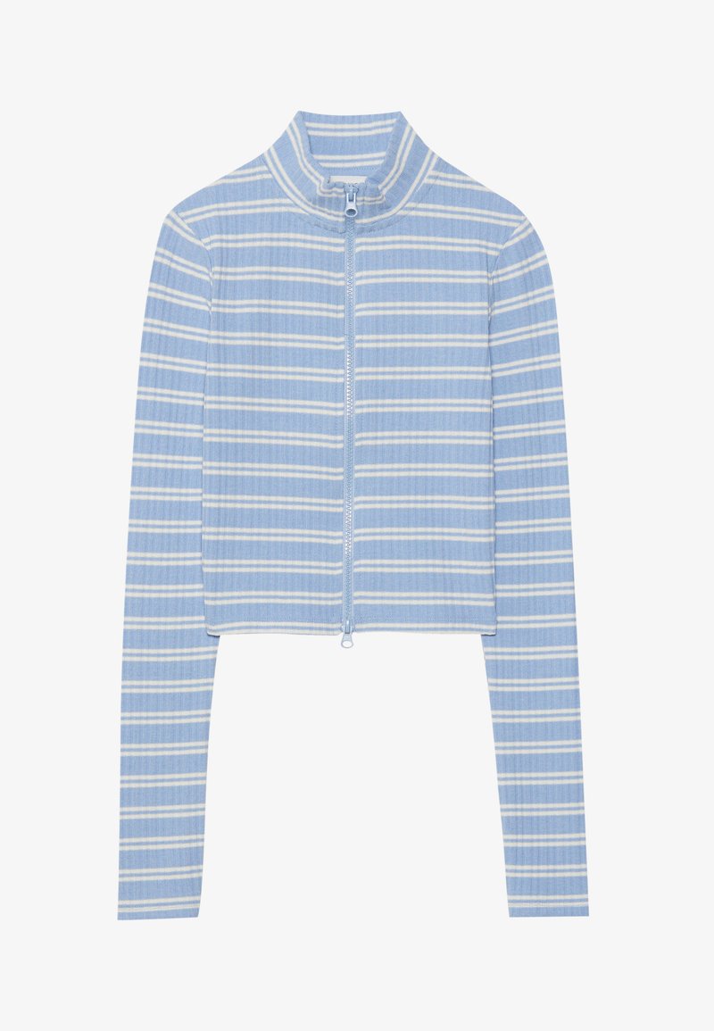 Cropped zip-up jacket in light blue with white horizontal stripes. Features a high collar and ribbed texture along the fabric.