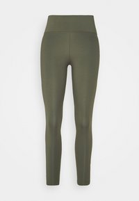 Leggings verde oliva realizzati in tessuto elastico, con vita alta e texture liscia, senza motivi o decorazioni visibili.