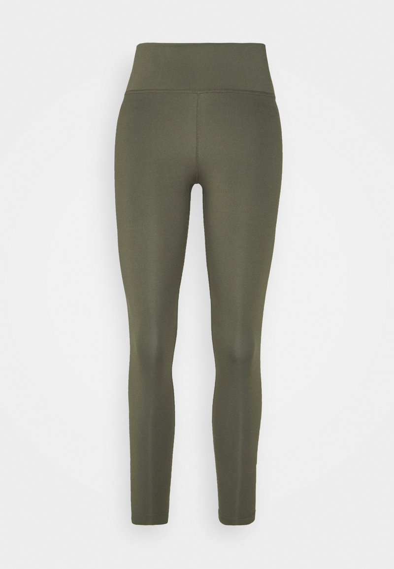 Leggings verde oliva realizzati in tessuto elastico, con vita alta e texture liscia, senza motivi o decorazioni visibili.