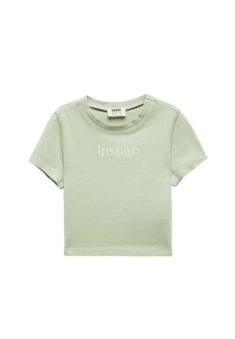 Lys grøn kortærmet bomulds T-shirt med rund halsudskæring, prydet med den broderede tekst "Inspire" på forsiden. Simpelt design.