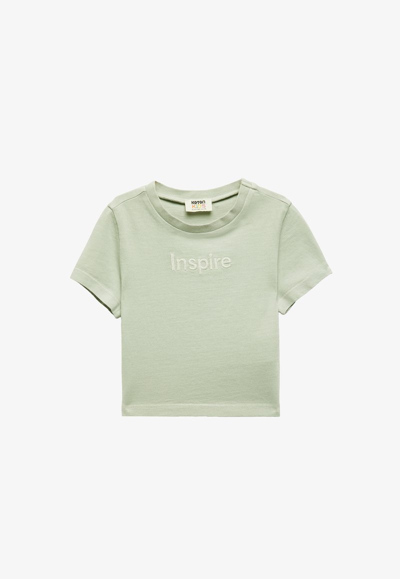Lys grøn kortærmet bomulds T-shirt med rund halsudskæring, prydet med den broderede tekst "Inspire" på forsiden. Simpelt design.