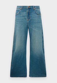 Jeans en denim bleu taille haute avec jambes larges, poches avant, fermeture à bouton et dégradé de couleur usé allant de la taille à l'ourlet.