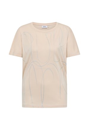 Beige T-shirt met korte mouwen, lichtblauwe abstracte lijnenpatronen en een ronde hals, met het label "CECIL" aan de binnenkant van de kraag.