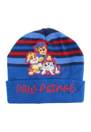 Cappello di lana blu con righe rosse e blu scuro, con i personaggi di Paw Patrol e testo rosso ricamato "PAW Patrol" sul risvolto.