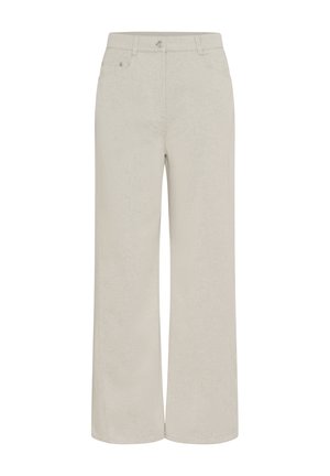 Bežīgas platas kājas bikses ar priekšējo pogu un rāvējslēdzēju, jostas cilpām, kā arī priekšējām un aizmugurējām kabatām uz baltā fona.