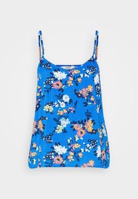 Camicetta floreale blu con spalline regolabili, una vestibilità ampia e un mix di fiori colorati su un tessuto morbido.