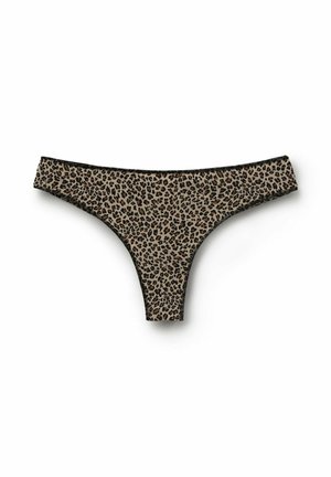 Leopard print women's bikini-style underwear with black trim, displayed flat on a white background.
