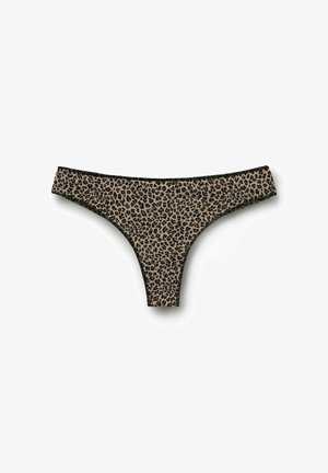 Dámské spodní prádlo ve stylu bikin s leopardím potiskem a černým lemováním, zobrazené na bílém pozadí.