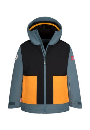 Kinder Kapuzenjacke mit schwarzen, gelben und blauen Paneelen, Frontreißverschluss, Norwegen-Flaggenaufnäher am Ärmel und verstellbaren Handgelenkriemen.