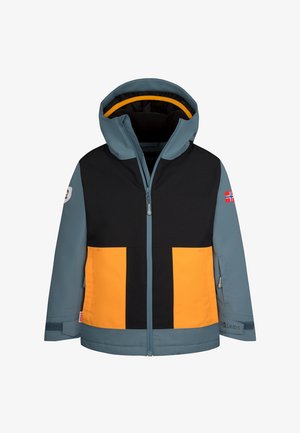 Kinder Kapuzenjacke mit schwarzen, gelben und blauen Paneelen, Frontreißverschluss, Norwegen-Flaggenaufnäher am Ärmel und verstellbaren Handgelenkriemen.