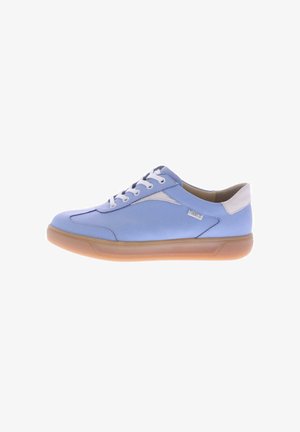 Light blue sneakers with white accents, smooth leather material, round toe, flat sole, and six eyelets for laces.