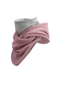 Pink textured knitted scarf wrapped around a gray neck piece, featuring a soft, smooth finish and overlapping fabric design.