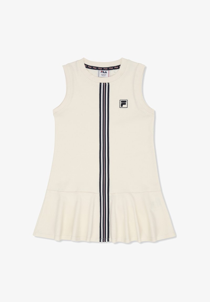 Vestido blanco sin mangas para niños con falda acampanada, que presenta una franja vertical central en negro y rosa y un pequeño logo de FILA en el pecho.
