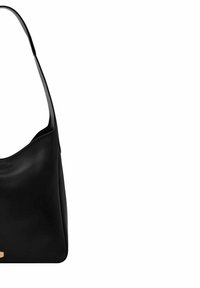 Sac à bandoulière en cuir noir avec une texture lisse, une silhouette courbe et un accent doré à la base. Design simple et moderne.