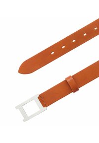 Cinturón de cuero marrón con una hebilla metálica rectangular. El cinturón presenta una textura suave, agujeros ajustables y un lazo para el cuero.