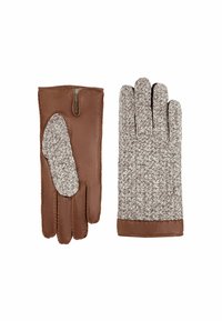 Gants en cuir marron avec un dos en textile grisonnant tricoté. Présentent un motif texturé et une zone de pouce renforcée. Détail de couture élégant.