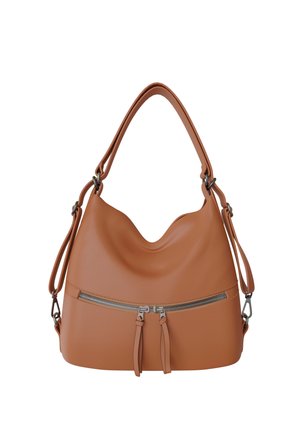 Brown leather handbag with single shoulder strap, adjustable side straps, and front horizontal zipper with dual pull tabs.