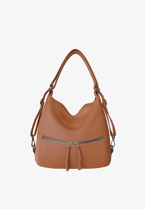 Brown leather handbag with single shoulder strap, adjustable side straps, and front horizontal zipper with dual pull tabs.