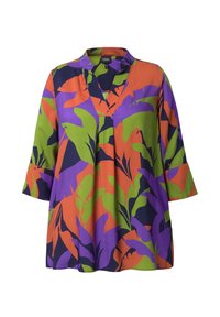 Bunter Kurzarmhemd mit hohem Kragen, aus leichtem Material, mit einem auffälligen Blattmuster in Grün, Orange, Violett und Marineblau.