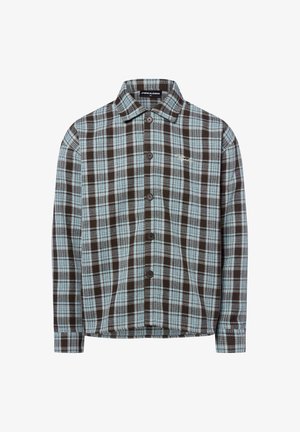 Camicia a quadri a maniche lunghe con motivo a quadri marrone e azzurro, chiusura con bottoni, colletto classico e tessuto morbido.