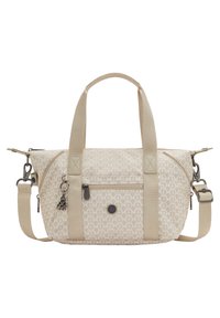 Beige håndtaske med geometrisk mønster, to øverste håndtag, aftagelig skulderrem og lynlåslomme. Fremstillet i stof og med pyntevedhæng.