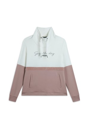 Sweat à capuche avec une partie supérieure blanche et une partie inférieure rose poussiéreux. Doté d'une poche kangourou et d'un texte brodé "Saisis le jour."