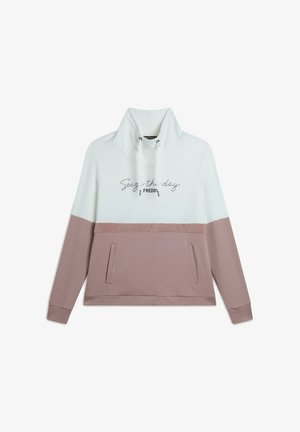 Sweat à capuche avec une partie supérieure blanche et une partie inférieure rose poussiéreux. Doté d'une poche kangourou et d'un texte brodé "Saisis le jour."