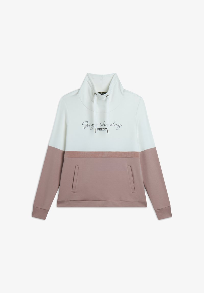 Sudadera con capucha que presenta una sección superior blanca y una sección inferior rosa polvoriento. Cuenta con un bolsillo tipo canguro y texto bordado que dice "Aprovecha el día."