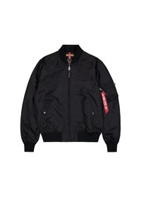 Svart bomberjacka med dragkedja, ribbat krage och muddar, sidofickor och dragkedjeficka på ärmen med detaljer i röd tag.