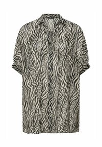 Camicia a maniche corte con un motivo ondulato in bianco e nero e stampe animali. Realizzata in tessuto leggero e trasparente. Design con chiusura a bottoni.