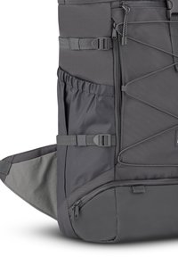 Gray backpack with geometric texture, multiple adjustable straps, zippered pockets, and a side mesh pouch for water bottles.