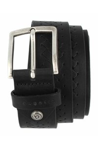 Black leather belt featuring a woven design, a silver rectangular buckle, and embossed logo detail on the strap with metal accents.