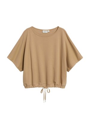 Løs beige kortærmet top med rund halsudskæring og justerbar snøre i kant, lavet af blødt stof.