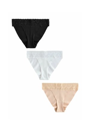 Tre kvinde-bikinityper undertøj i sort, hvid og beige, hver med en bred blonde-linning, arrangeret lodret på en hvid baggrund.