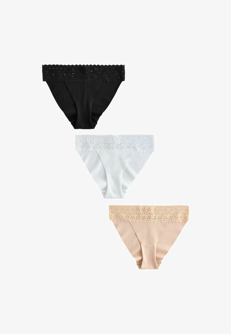 Trois culottes bikini pour femmes en noir, blanc et beige, chacune avec une large ceinture en dentelle, disposées verticalement sur un fond blanc.