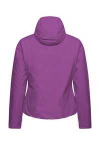 Paarse jas met capuchon, gezien van achteren, met lange mouwen en een glad, licht getailleerd ontwerp.