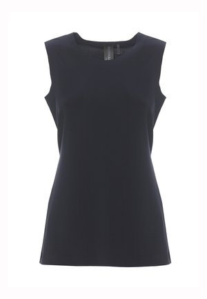 Top nero senza maniche con scollo rotondo e vestibilità dritta, leggermente ampia, mostrato su sfondo bianco.
