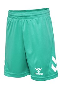Zielone szorty sportowe z elastycznym pasem, białe paski w kształcie szewronu po bokach oraz białe logo hummel z przodu na lewej nodze.