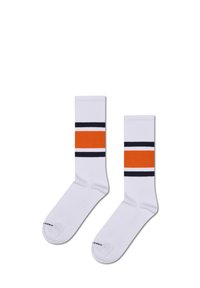 Białe skarpetki z pomarańczowymi i granatowymi poziomymi paskami. Wyróżniają się ribbowanym teksturą, sięgają kostki i mają wzmocnione obszary palców oraz pięty.
